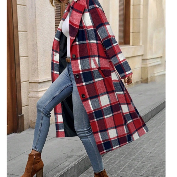 Classic Plaid Print Button Pockets Long Jacket Coat - Picture 10 of 12